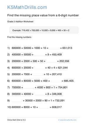 Grade 5 Place Value Missing 6 Digit 36