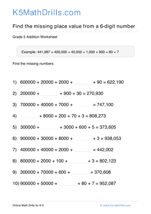 Grade 5 Place Value Missing 6 Digit 37