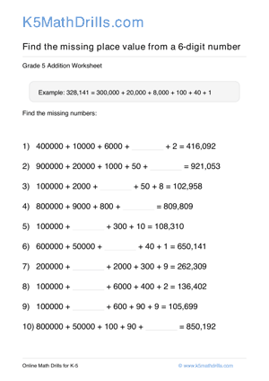 Grade 5 Place Value Missing 6 Digit 38