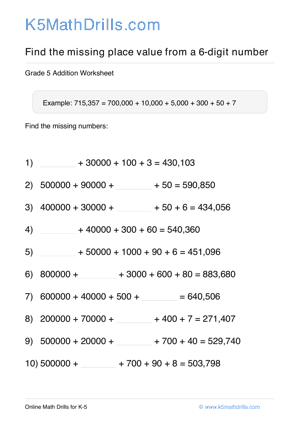 Grade 5 Place Value Missing 6 Digit 4