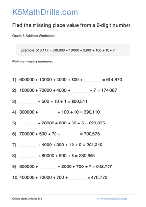 Grade 5 Place Value Missing 6 Digit 40