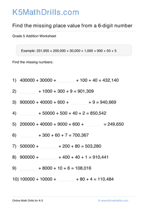 Grade 5 Place Value Missing 6 Digit 41