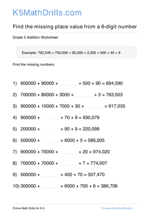 Grade 5 Place Value Missing 6 Digit 42