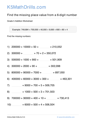 Grade 5 Place Value Missing 6 Digit 43