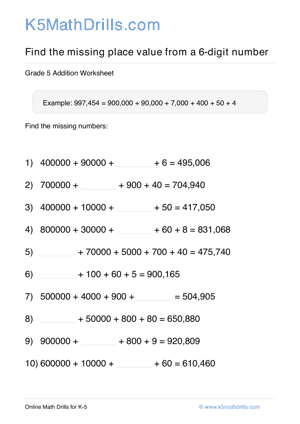 Grade 5 Place Value Missing 6 Digit 44