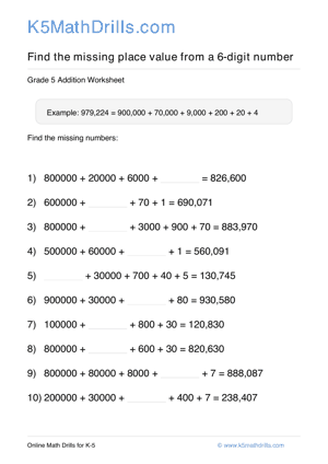 Grade 5 Place Value Missing 6 Digit 45