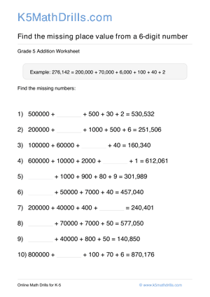 Grade 5 Place Value Missing 6 Digit 46