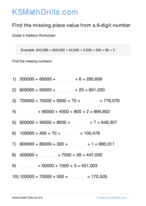 Grade 5 Place Value Missing 6 Digit 47