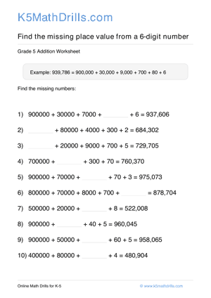 Grade 5 Place Value Missing 6 Digit 48