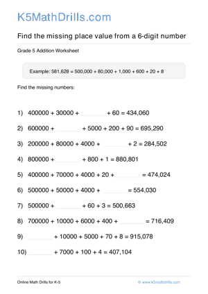 Grade 5 Place Value Missing 6 Digit 49