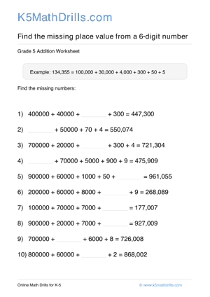 Grade 5 Place Value Missing 6 Digit 5