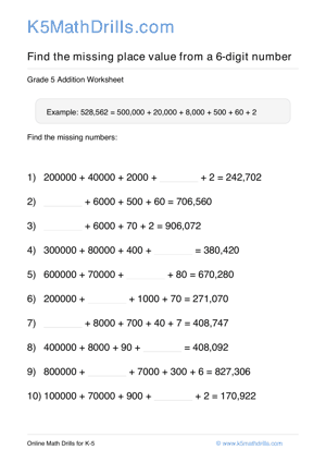 Grade 5 Place Value Missing 6 Digit 50