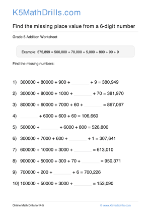 Grade 5 Place Value Missing 6 Digit 51