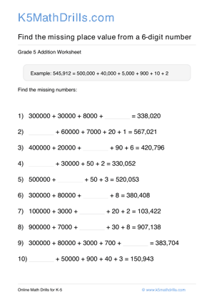 Grade 5 Place Value Missing 6 Digit 52