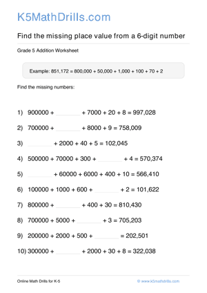 Grade 5 Place Value Missing 6 Digit 53