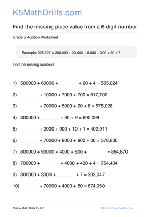 Grade 5 Place Value Missing 6 Digit 54