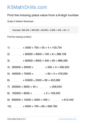 Grade 5 Place Value Missing 6 Digit 55