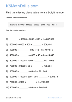 Grade 5 Place Value Missing 6 Digit 56