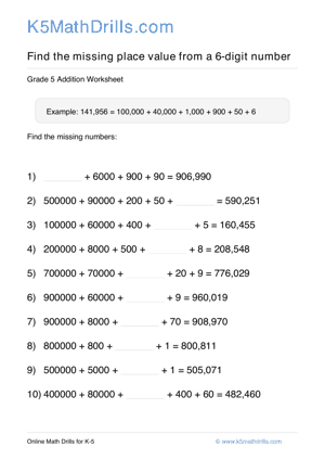 Grade 5 Place Value Missing 6 Digit 57