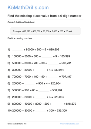 Grade 5 Place Value Missing 6 Digit 58