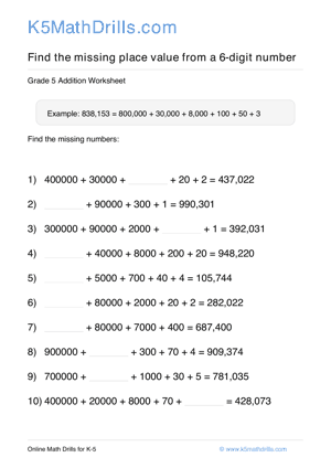 Grade 5 Place Value Missing 6 Digit 59