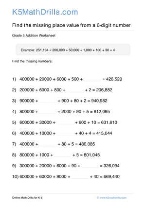 Grade 5 Place Value Missing 6 Digit 6