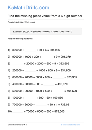 Grade 5 Place Value Missing 6 Digit 61