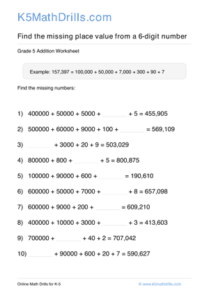 Grade 5 Place Value Missing 6 Digit 63