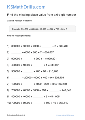 Grade 5 Place Value Missing 6 Digit 64