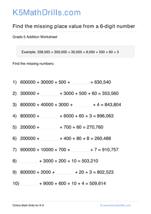 Grade 5 Place Value Missing 6 Digit 65