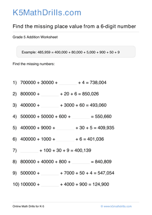 Grade 5 Place Value Missing 6 Digit 66