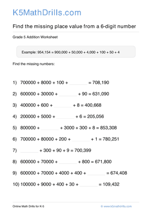 Grade 5 Place Value Missing 6 Digit 67