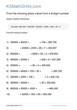 Grade 5 Place Value Missing 6 Digit 68