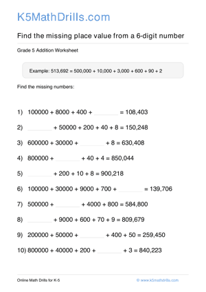 Grade 5 Place Value Missing 6 Digit 69