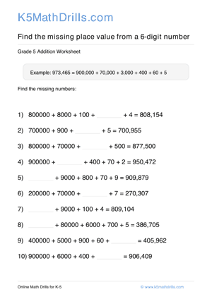 Grade 5 Place Value Missing 6 Digit 7