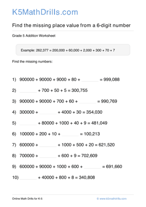 Grade 5 Place Value Missing 6 Digit 70