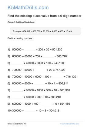 Grade 5 Place Value Missing 6 Digit 72