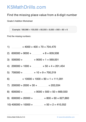 Grade 5 Place Value Missing 6 Digit 73