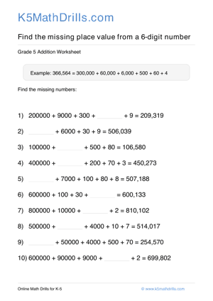 Grade 5 Place Value Missing 6 Digit 74