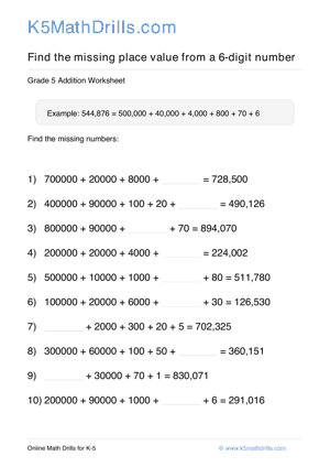 Grade 5 Place Value Missing 6 Digit 75