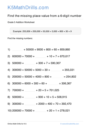 Grade 5 Place Value Missing 6 Digit 76