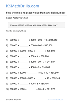 Grade 5 Place Value Missing 6 Digit 77