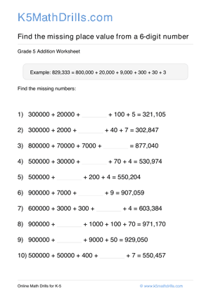 Grade 5 Place Value Missing 6 Digit 78