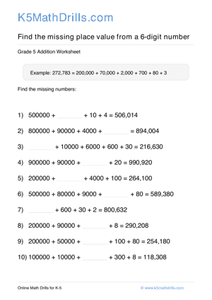 Grade 5 Place Value Missing 6 Digit 79