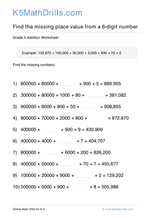 Grade 5 Place Value Missing 6 Digit 8