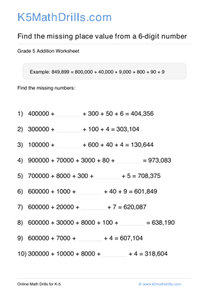 Grade 5 Place Value Missing 6 Digit 80