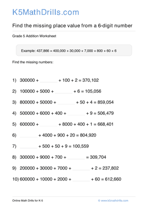 Grade 5 Place Value Missing 6 Digit 81