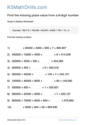 Grade 5 Place Value Missing 6 Digit 82