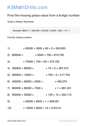 Grade 5 Place Value Missing 6 Digit 83