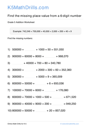 Grade 5 Place Value Missing 6 Digit 84